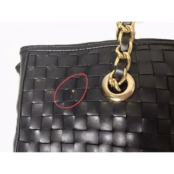 Joan Rivers Slouchy Black Faux Leather Woven Tote Shoulder Bag Gold Chain Strap - Picture 9 of 9